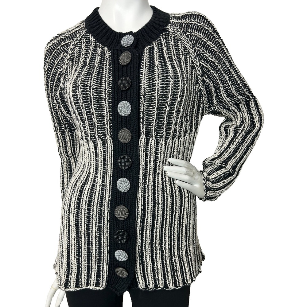 VTG Overland Chunky Knit Cardigan S M Black White Chunky Cotton Grandpa Sweater